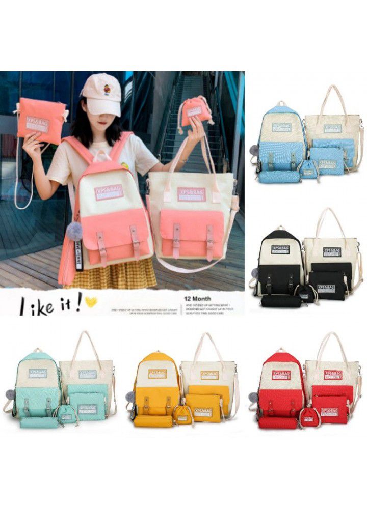  new schoolbag female junior high school students Korean double shoulder bag student campus backpack color contrast five piece set bag 