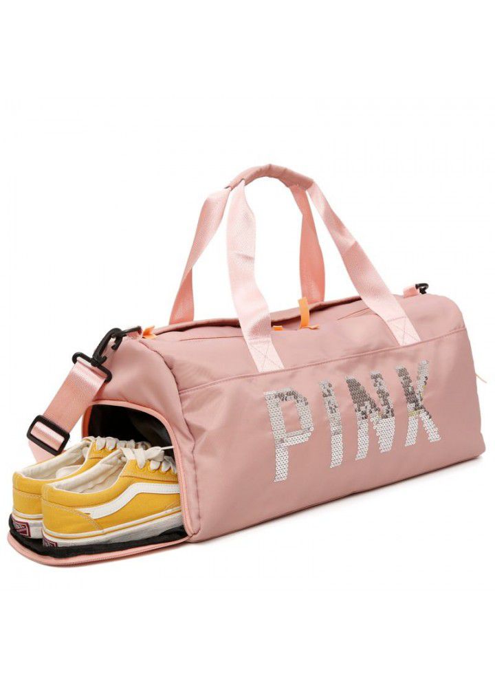 Sequin pink luggage bag nylon dry wet separation separate shoe position portable one shoulder large capacity travel fitness bag 