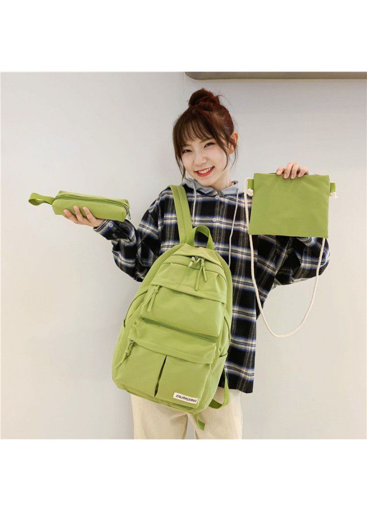 2019 New Student Backpack three piece set of Korean girls' schoolbag solid color junior high school students' Backpack 