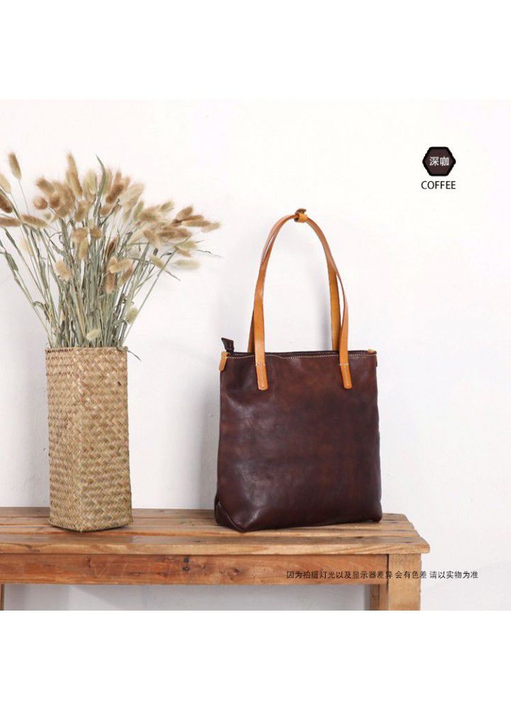  new original manual vegetable tanning leather vertical one shoulder handbag women's bag top leather contrast Tote Bag 