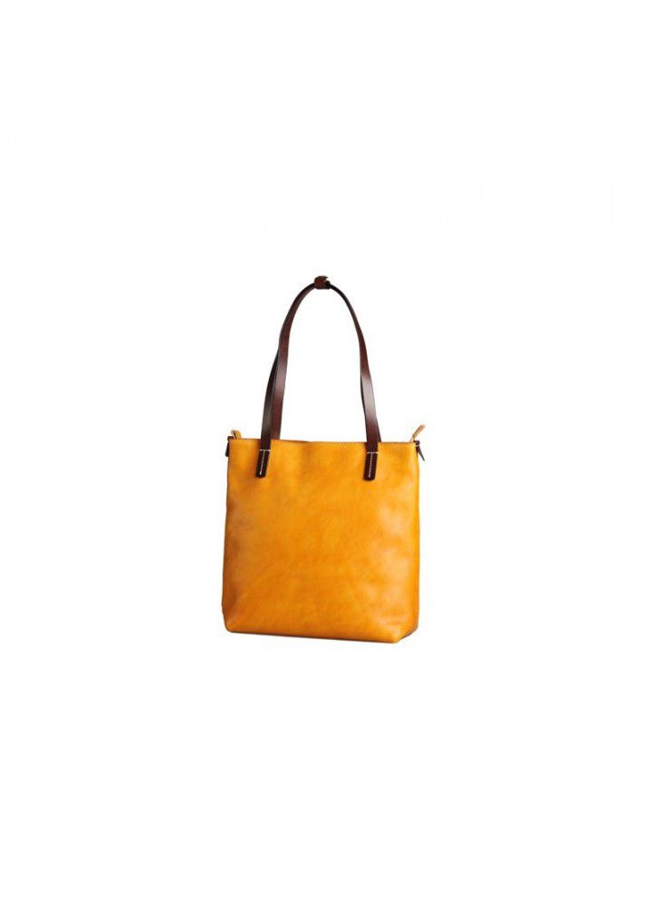  new original manual vegetable tanning leather vertical one shoulder handbag women's bag top leather contrast Tote Bag 