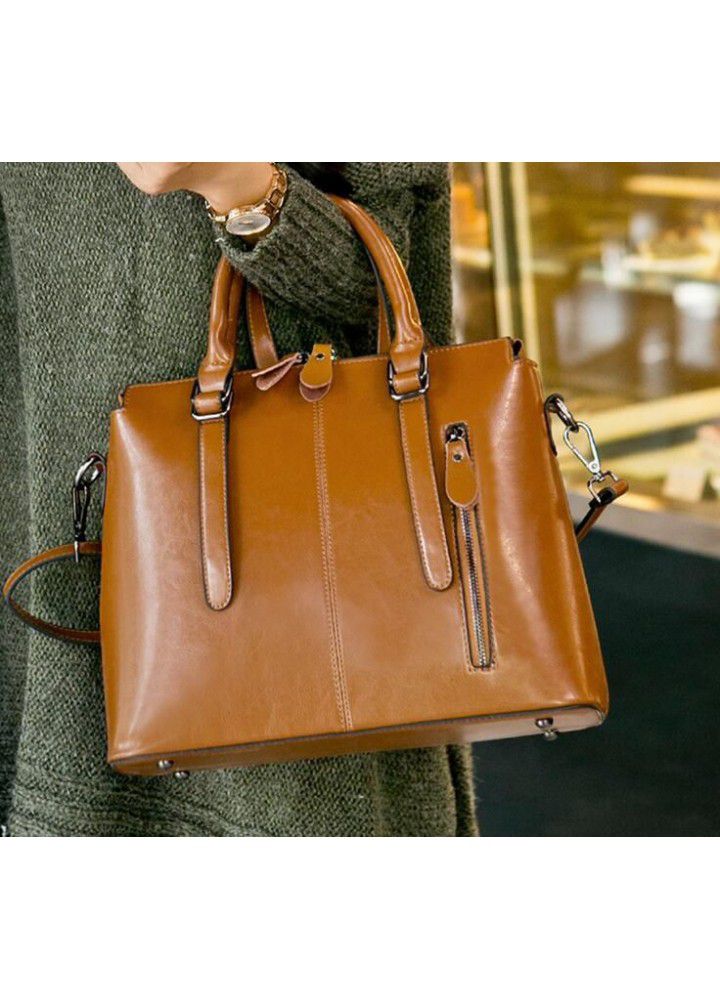  new European and American style leather women's bag fashion women's portable cross carry one shoulder waxy cow leather bag wholesale trend 